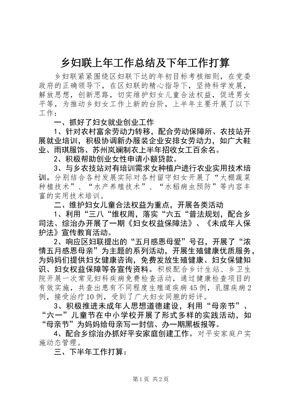 乡妇联上年工作总结及下年工作打算_第1页