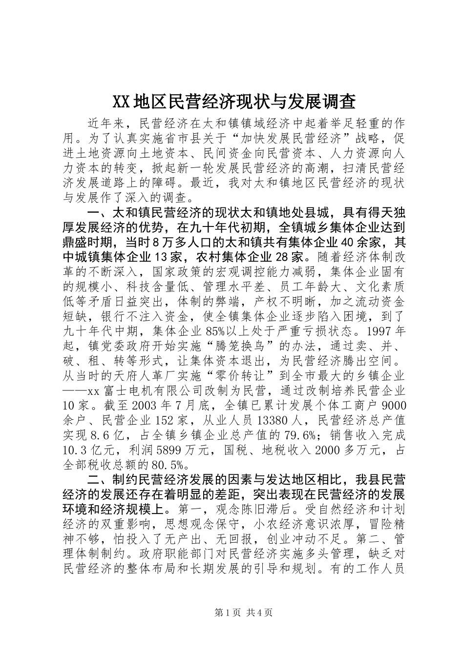 XX地区民营经济现状与发展调查_第1页