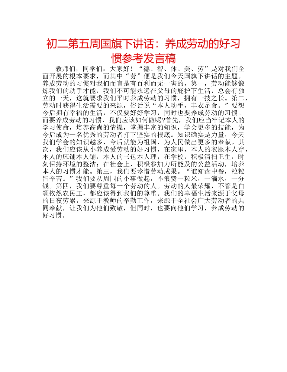 初二第五周国旗下讲话：养成劳动的好习惯参考发言稿 _第1页