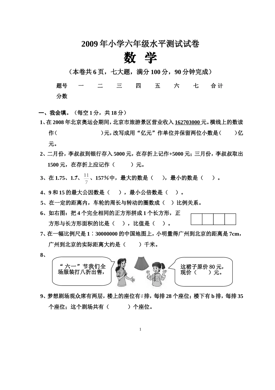 六年级数学复习前摸底测试用题_第1页
