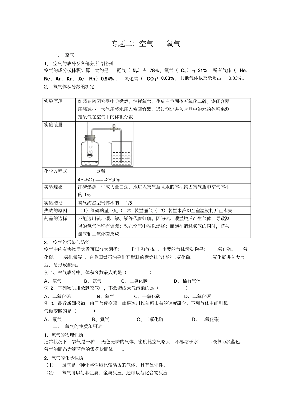 人教版九年级化学中考专题二空气和氧气_第1页