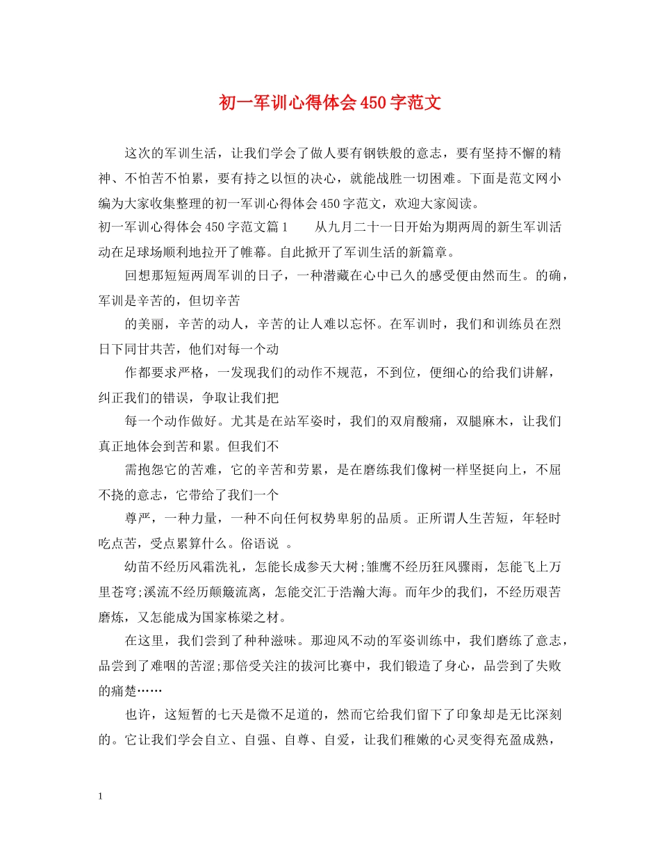 初一军训心得体会450字范文 _第1页