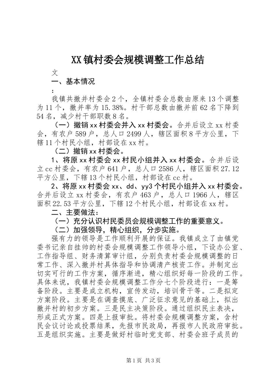 XX镇村委会规模调整工作总结 (2)_第1页