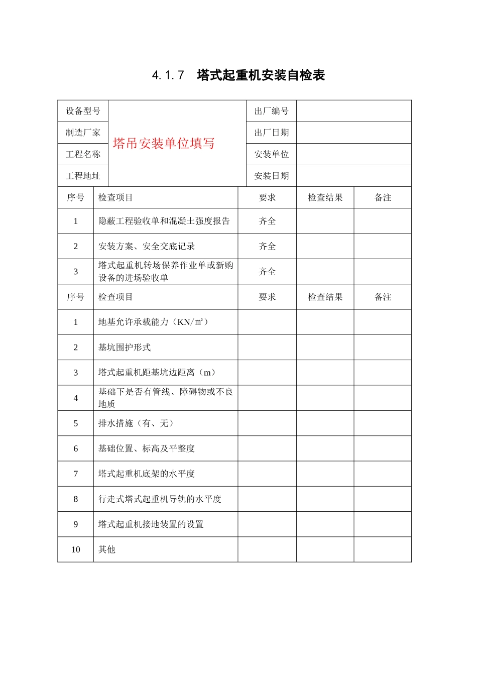 浙江省新安全台账范本4.1.7  塔式起重机安装自检表_第1页