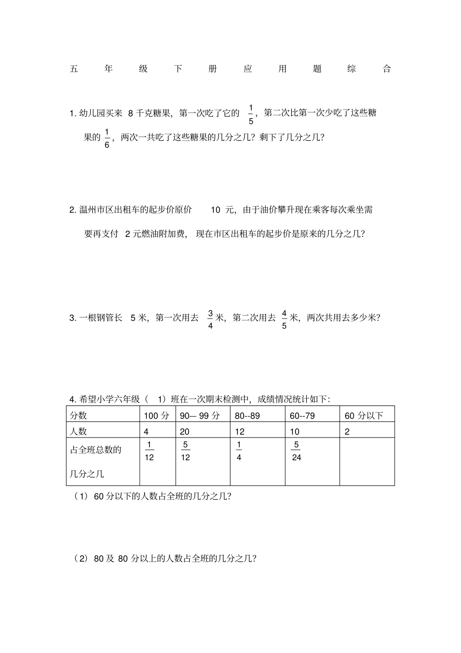 人教版五年级下册期末应用题综合_第1页
