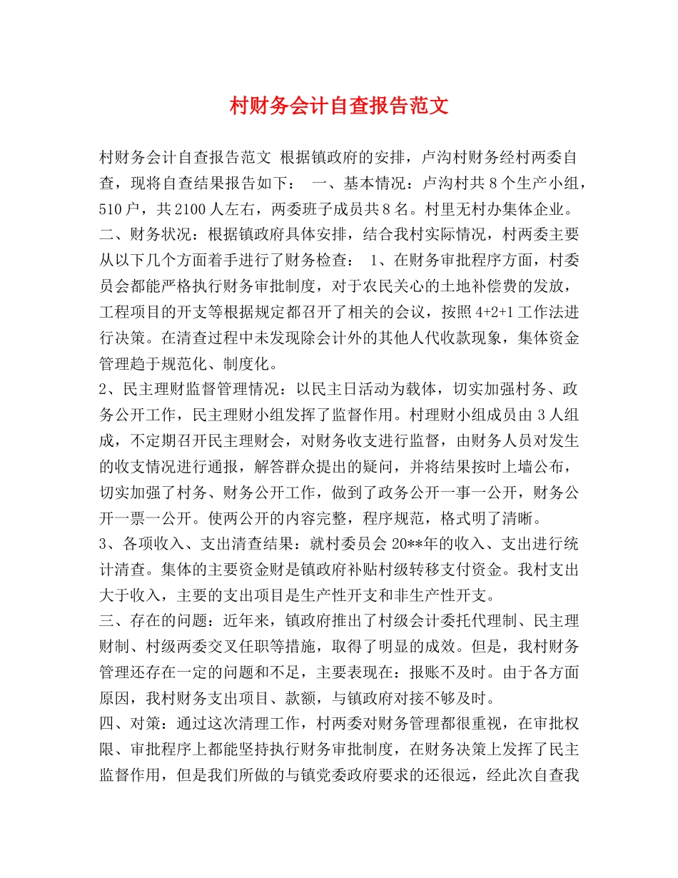 村财务会计自查报告范文 _第1页