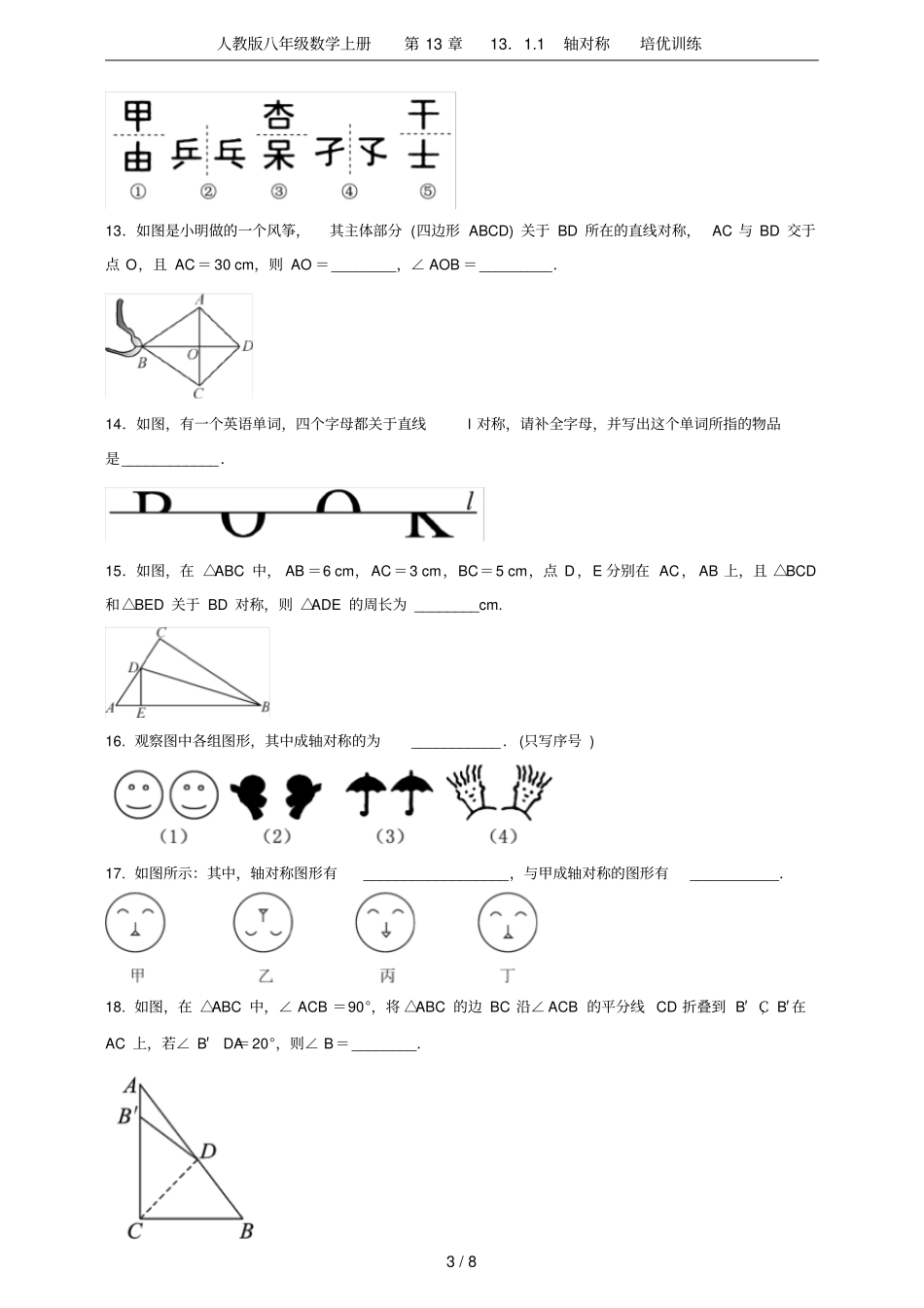 人教版八年级数学上册11轴对称培优训练_第3页