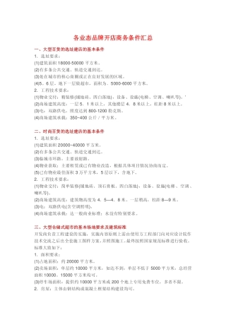 各业态品牌开店商务条件汇总