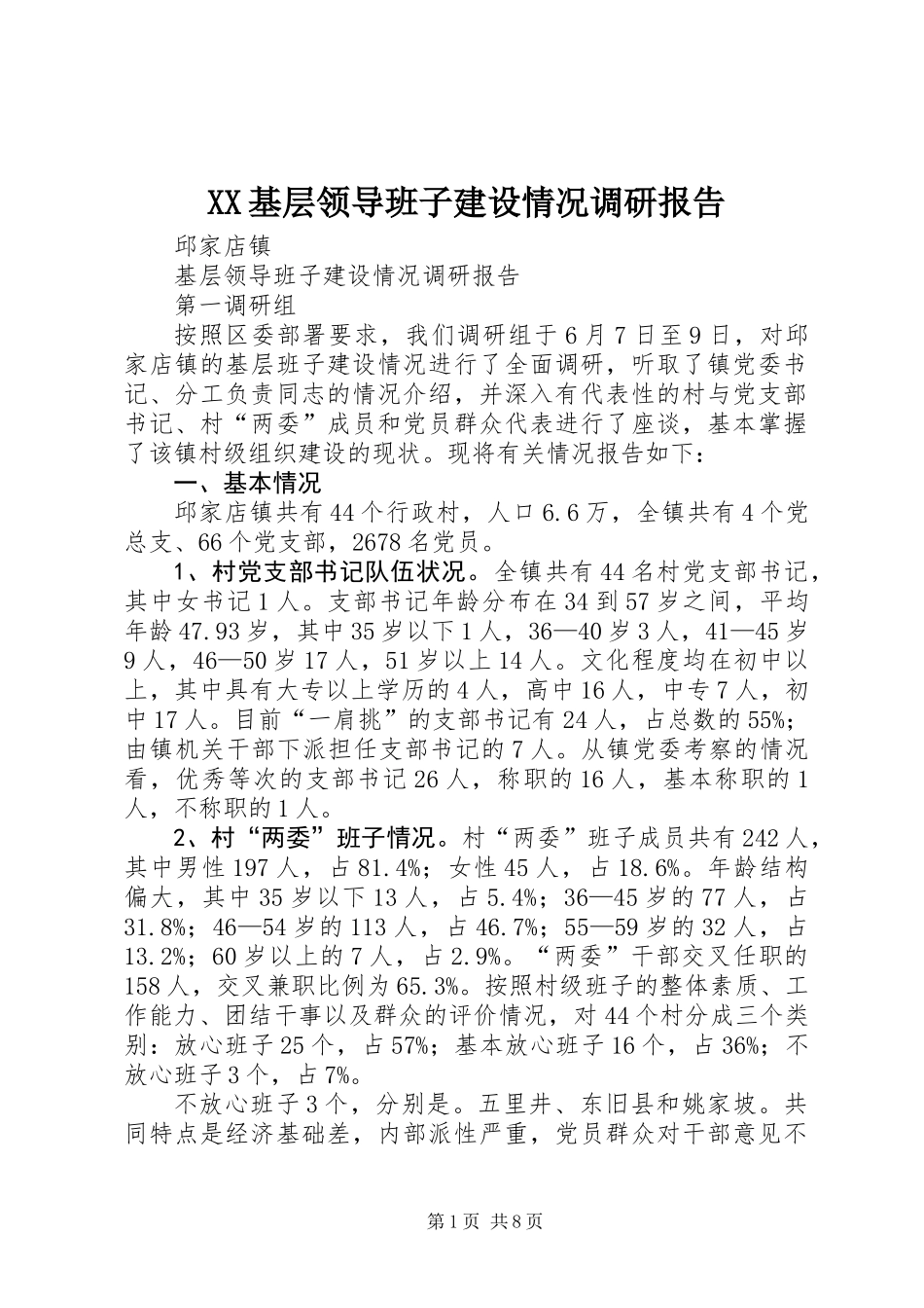 XX基层领导班子建设情况调研报告_第1页