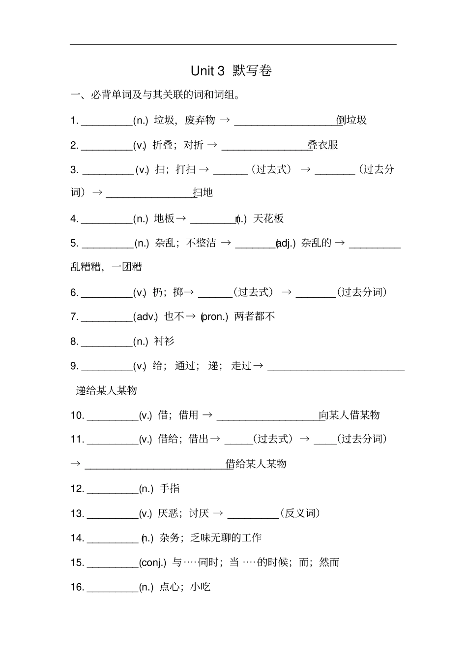 人教版八年级英语下册Unit3必背词汇、短语、句子听写默写卷有答案_第1页