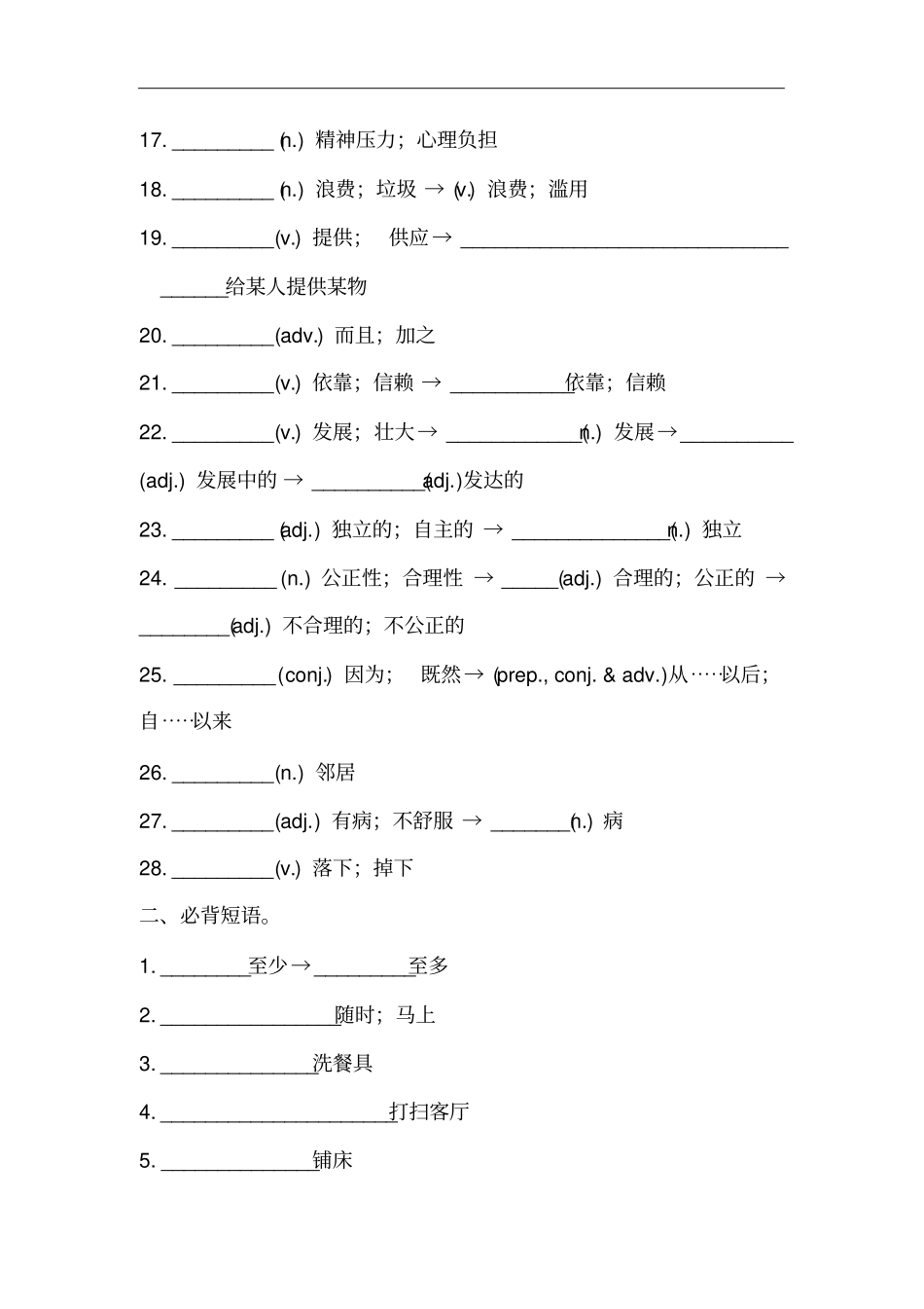 人教版八年级英语下册Unit3必背词汇、短语、句子听写默写卷有答案_第2页