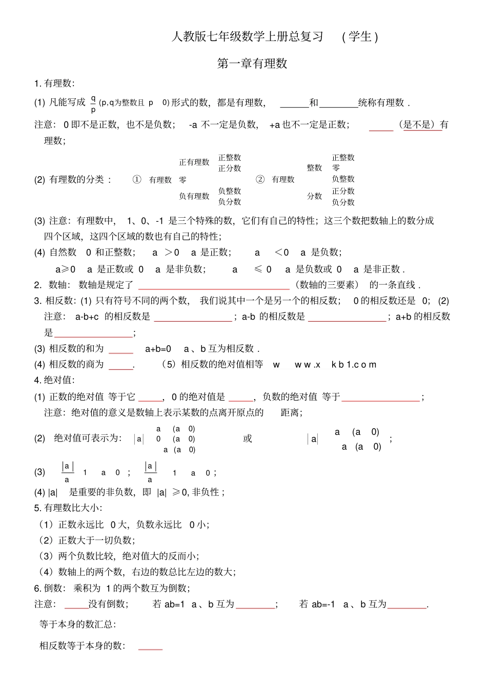 人教版初一数学上册知识点归纳总结及练习题_第1页