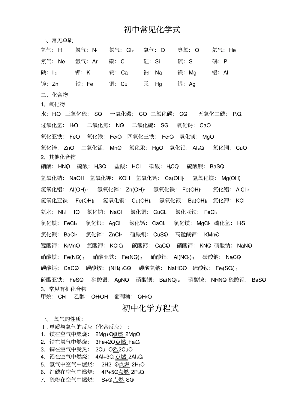 人教版初中化学方程式大全_第1页