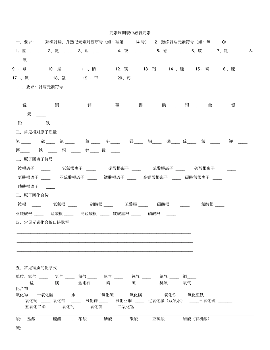 人教版初中化学必背知识化学方程式填空_第1页