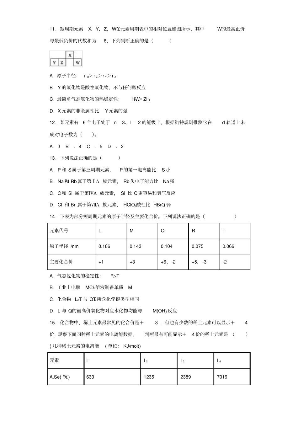 人教版化学选修3原子结构与性质测试试题含答案_第3页