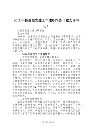 201X年抓基层党建工作述职报告（党支部书记）