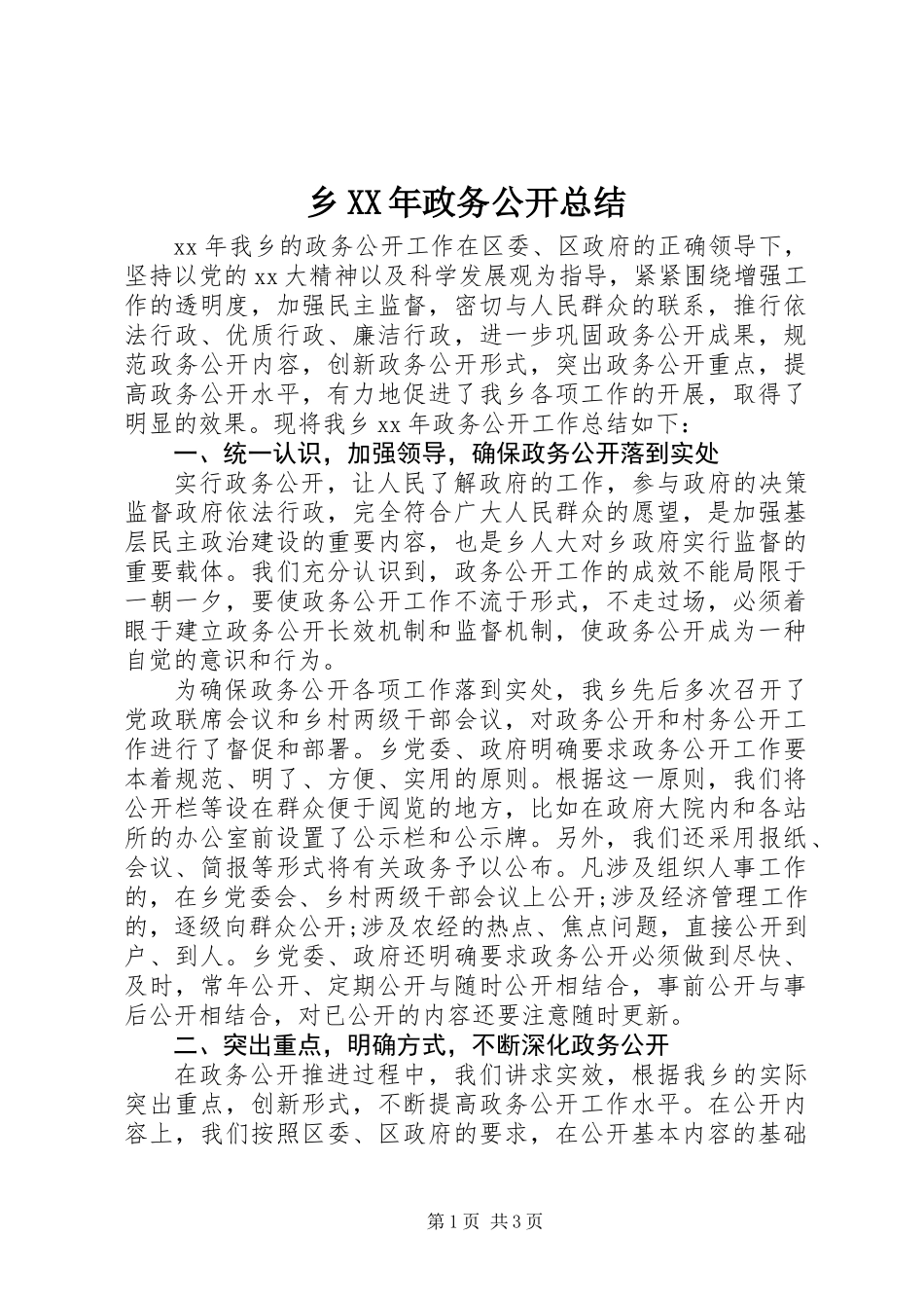 乡XX年政务公开总结_第1页