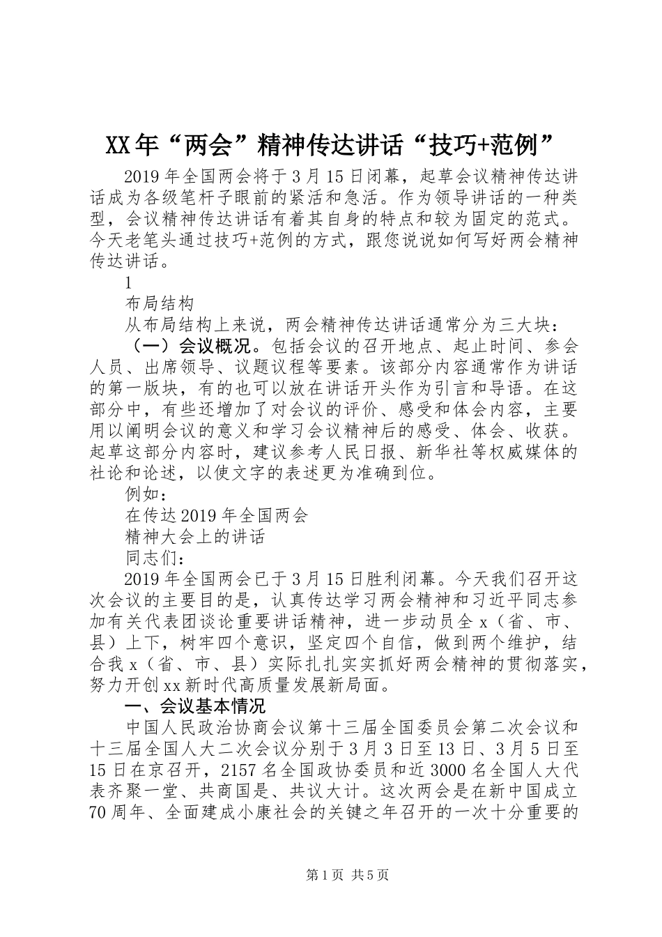 XX年“两会”精神传达讲话“技巧+范例”_第1页