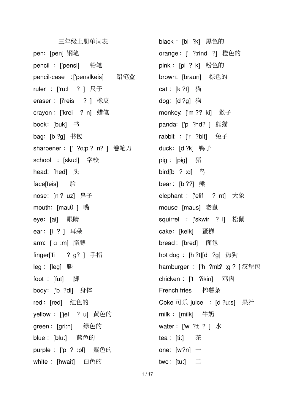 人教版小学教育英语单词表_第1页