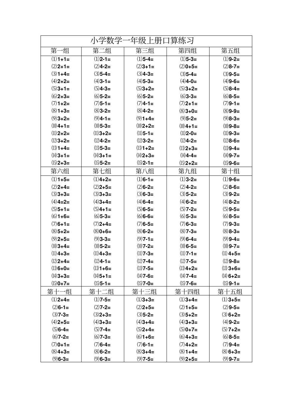 人教版小学数学一年级口算练习上册_第1页