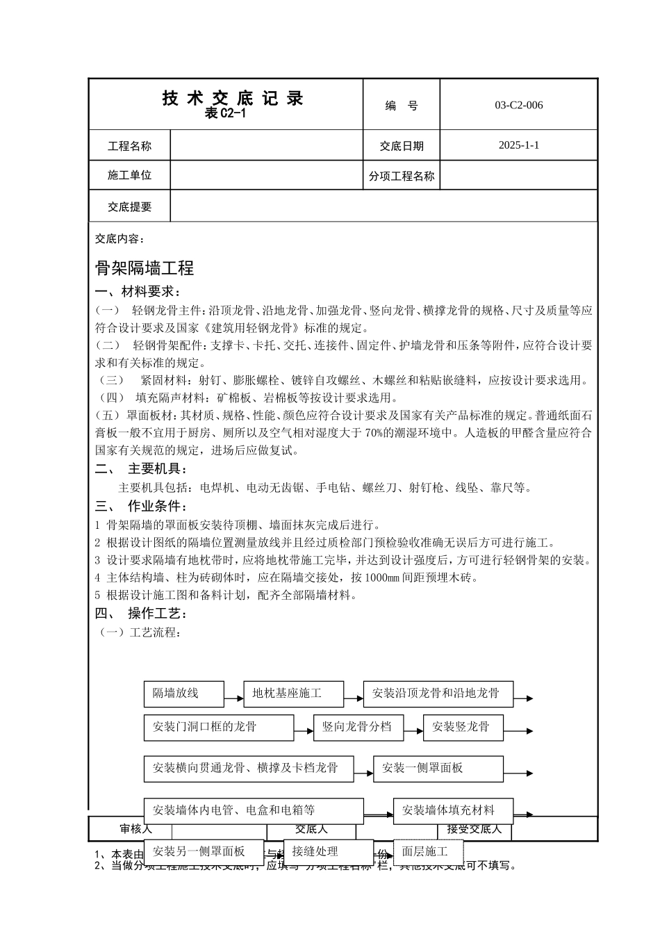 轻钢龙骨石膏板骨架隔墙工程技术交底_第1页