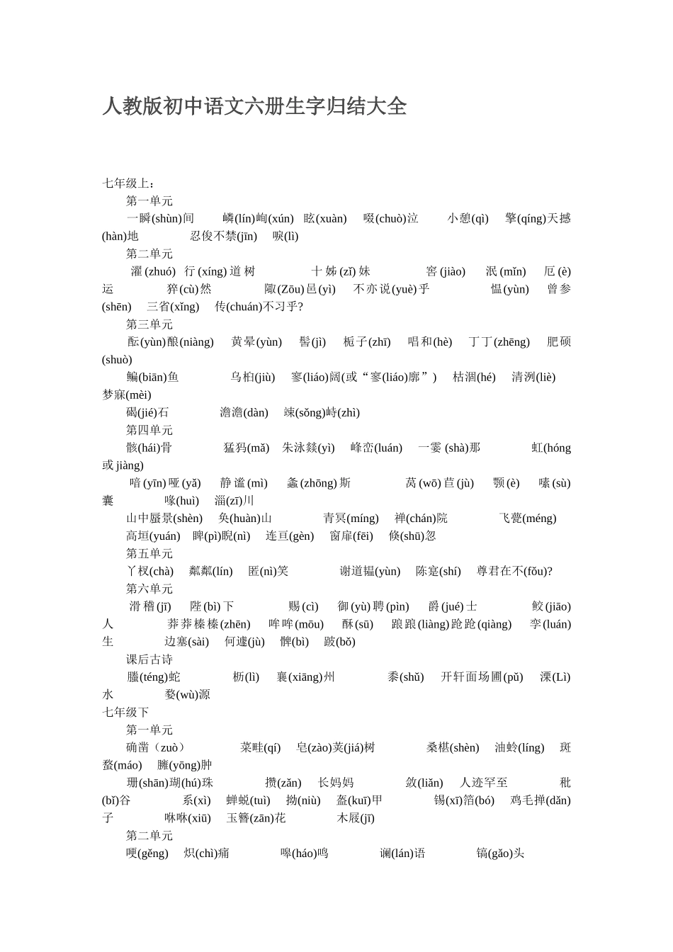 人教版初中语文六册生字归结大全_第1页