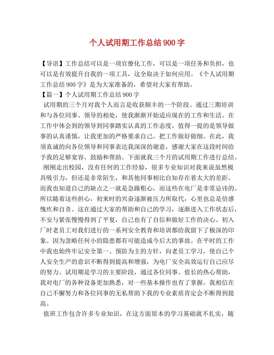 个人试用期工作总结900字 _第1页