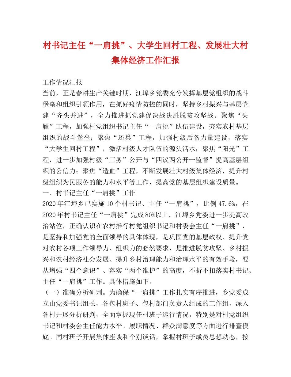村书记主任“一肩挑”、大学生回村工程、发展壮大村集体经济工作汇报 _第1页