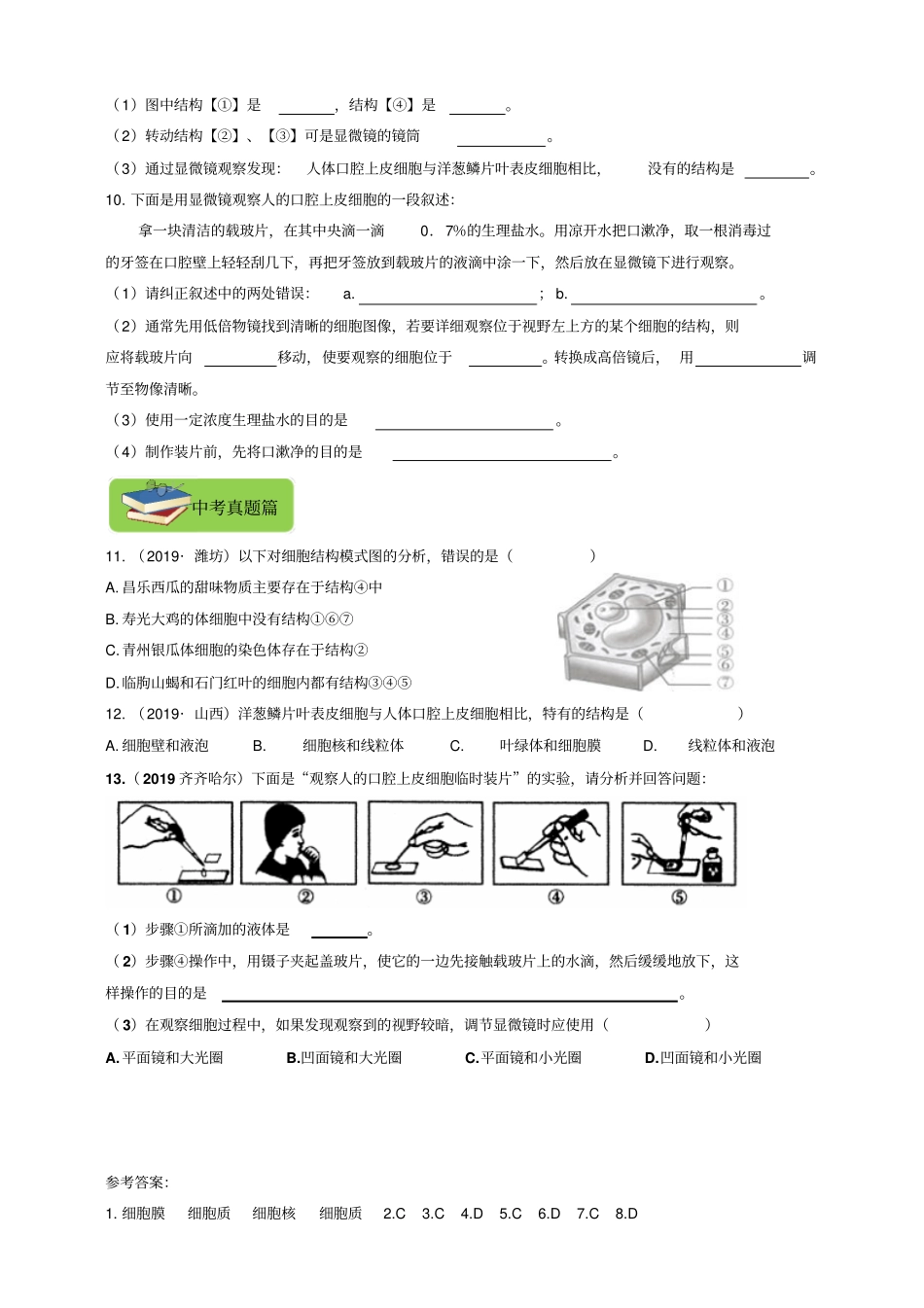 人教版生物七年级上册3动物细胞同步练习包含答案_第2页