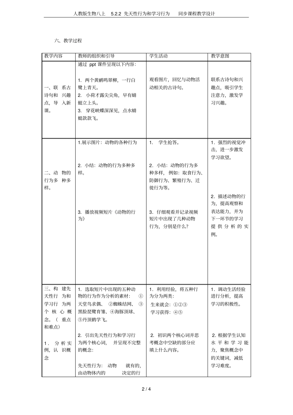 人教版生物八上2先天性行为和学习行为同步课程教学设计_第2页