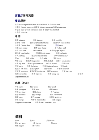 西餐厅常用英语