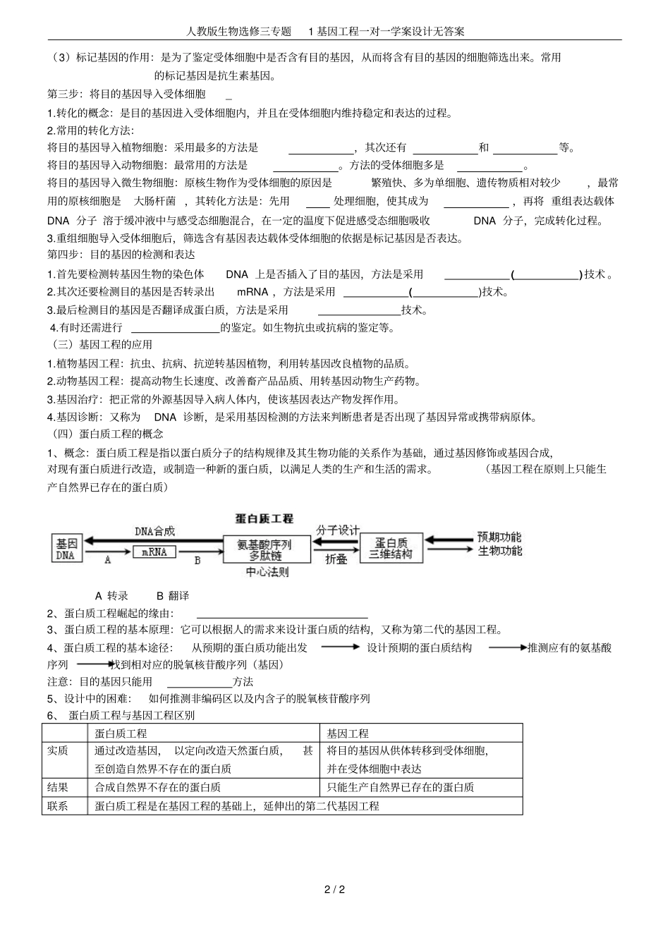 人教版生物选修三专题1基因工程一对一学案设计无答案_第2页