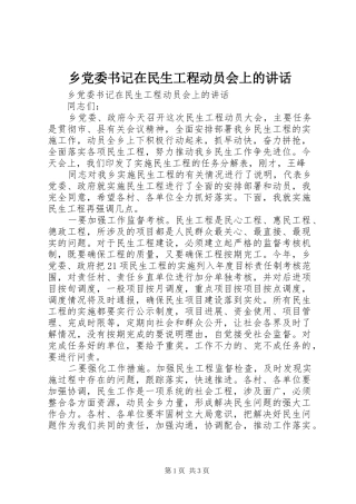 乡党委书记在民生工程动员会上的讲话发言