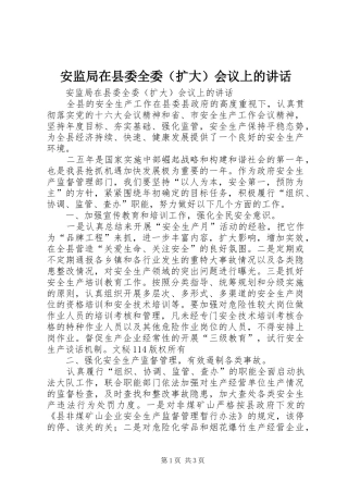 安监局在县委全委（扩大）会议上的讲话发言