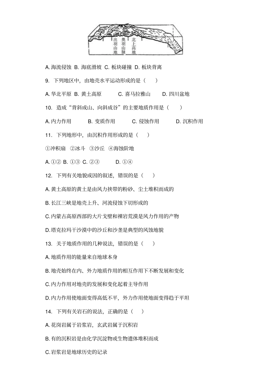 人教版高一地理必修一营造地表形态的力量同步测试卷_第2页