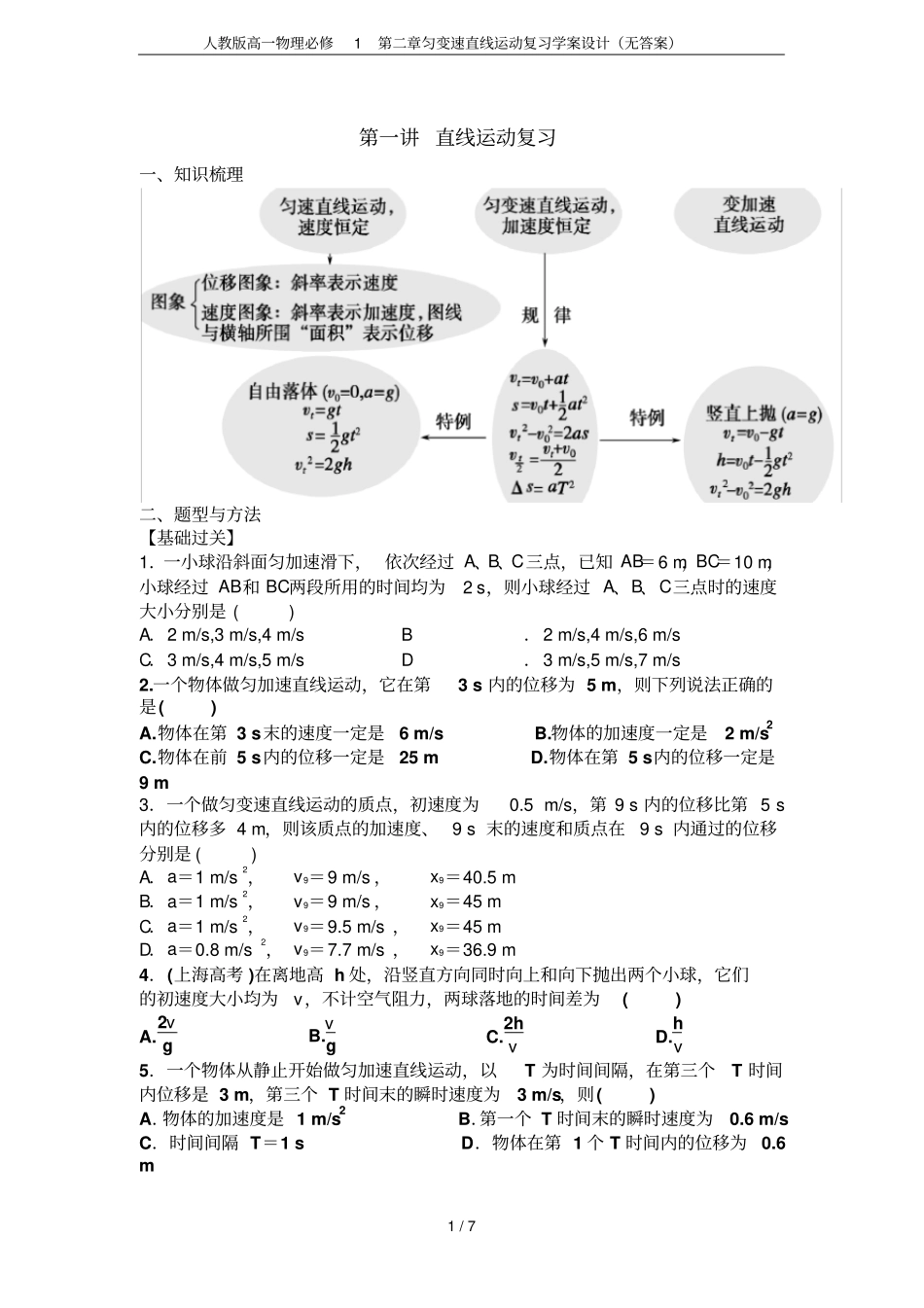 人教版高一物理必修1匀变速直线运动复习学案设计无答案_第1页