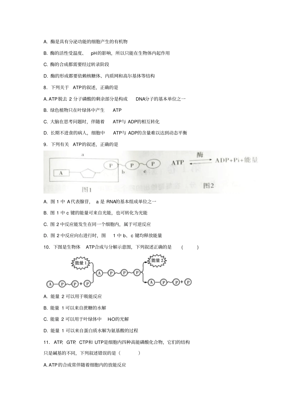 人教版高三生物一轮专题练第8讲酶与ATP基础练习1_第3页
