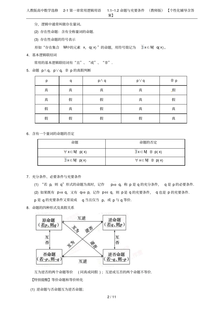 人教版高中数学选修1常用逻辑用语1~2命题与充要条件教师版【个性化辅导含答案_第2页