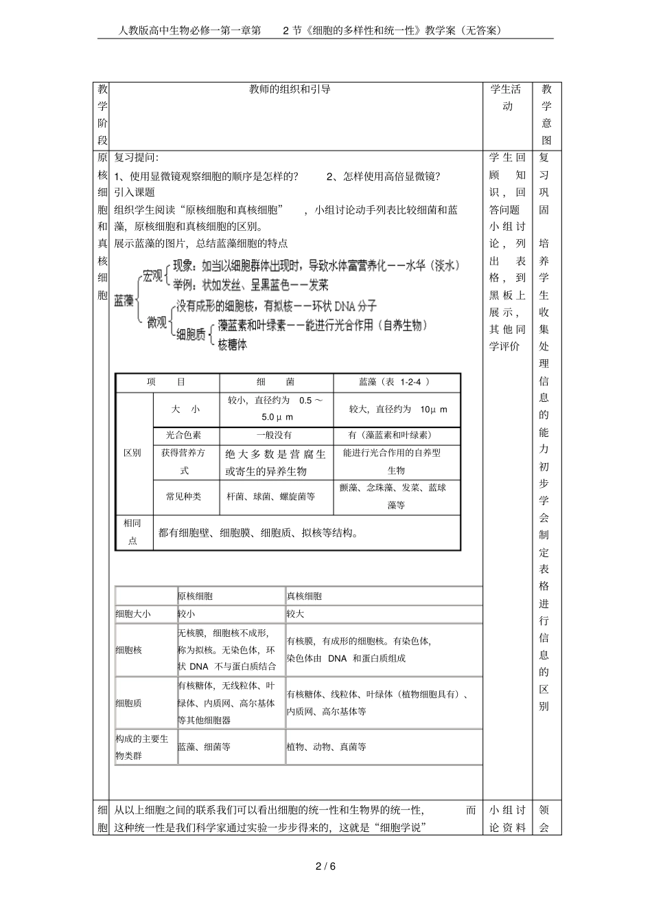 人教版高中生物必修一第2节细胞的多样性和统一性教学案无答案_第2页