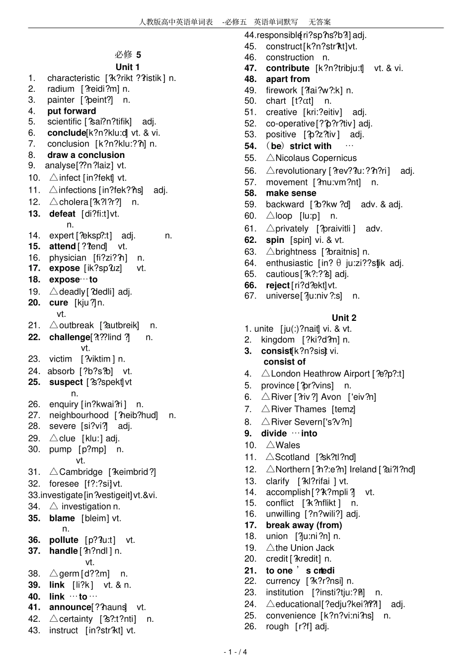 人教版高中英语单词表-必修五英语单词默写无答案_第1页