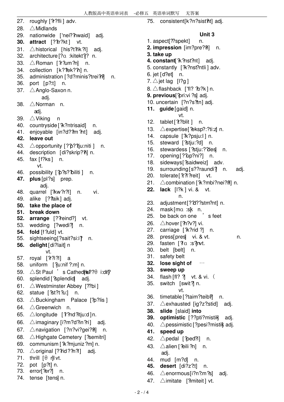 人教版高中英语单词表-必修五英语单词默写无答案_第2页