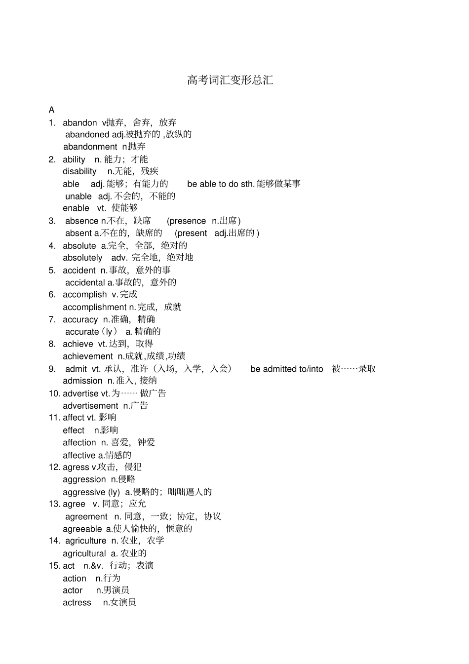 人教版高中英语常用单词变形_第1页