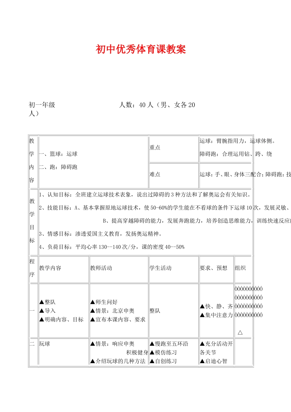 初中优秀体育课教案_第1页