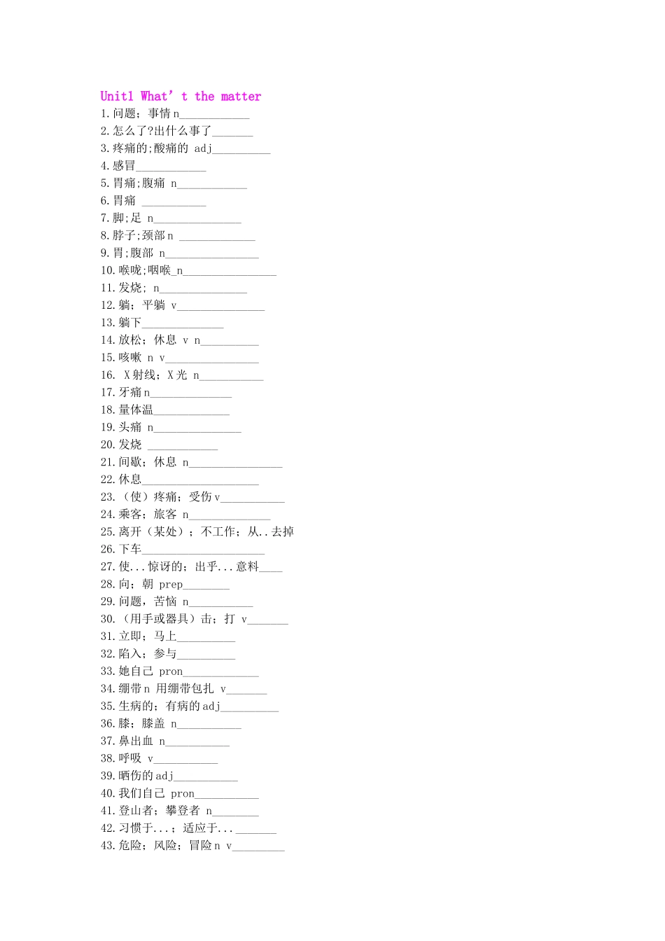 2014年春人教版最新八年级英语下册《Unit1What’tthematter》单词默写_第1页