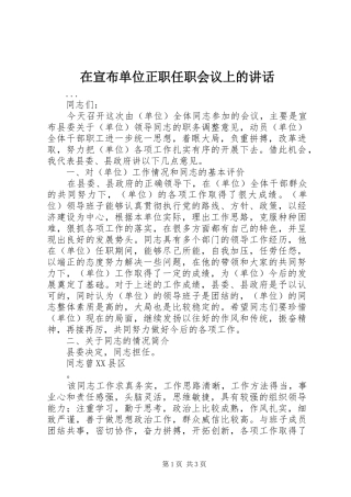 在宣布单位正职任职会议上的讲话发言