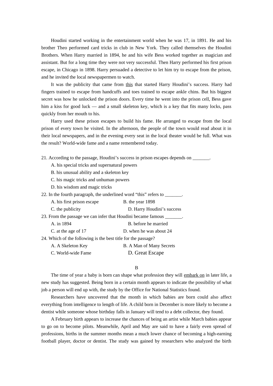 山西省太原五中2013—2014学年度第二学期月考（2月）高三英语_第3页