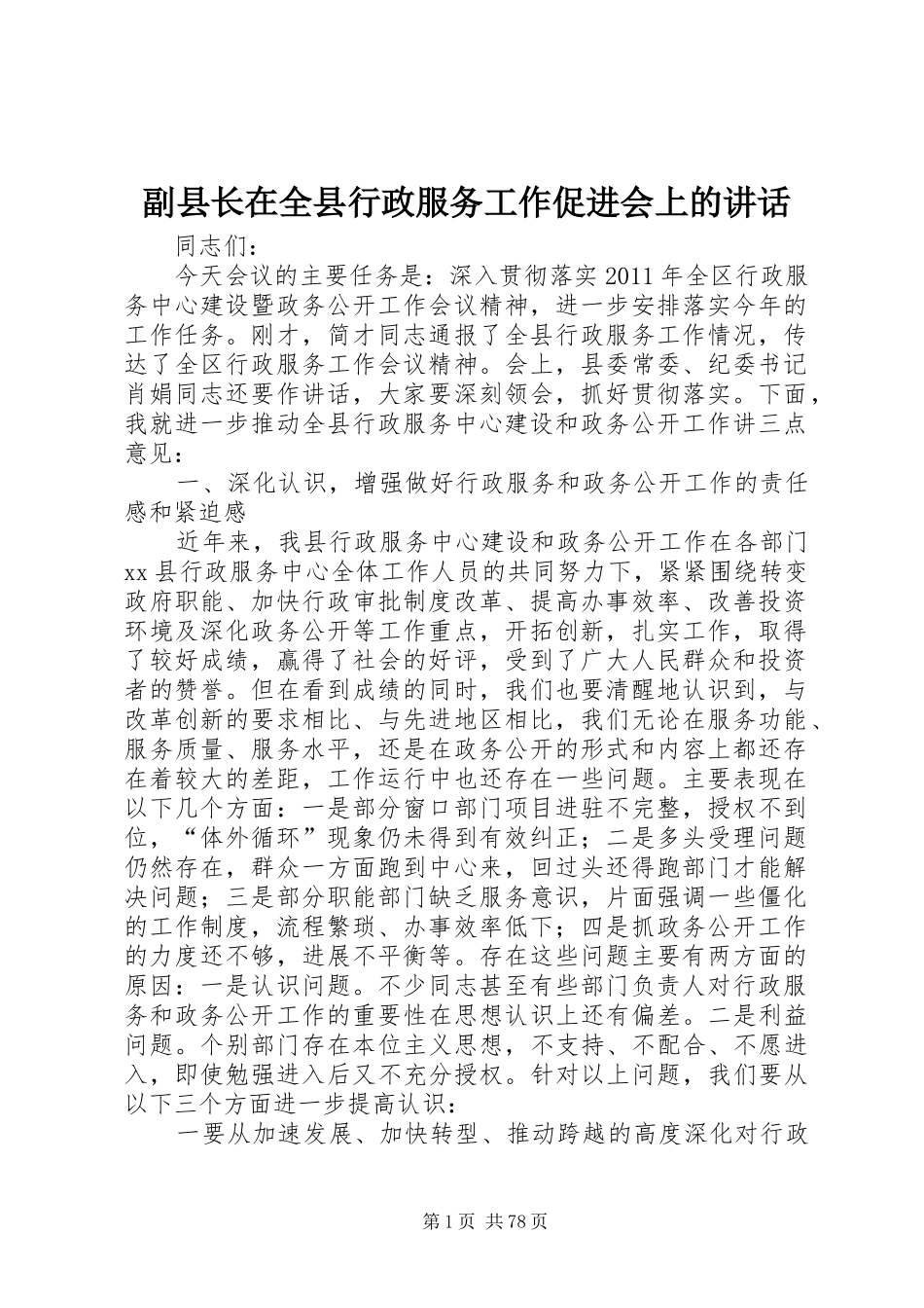 副县长在全县行政服务工作促进会上的讲话发言_第1页