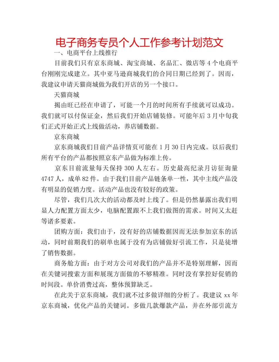 电子商务专员个人工作参考计划范文 _第1页