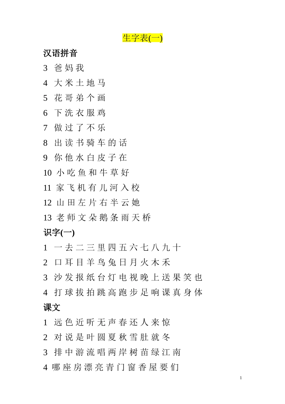 人教版语文生字表(一年级上册)_第1页
