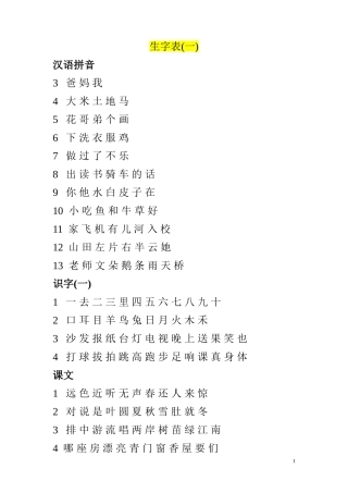人教版语文生字表(一年级上册)